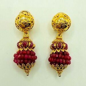 18k Gold Faceted Ruby Dangle Earrings by Pegototto Sun Day Collection 19 gms.